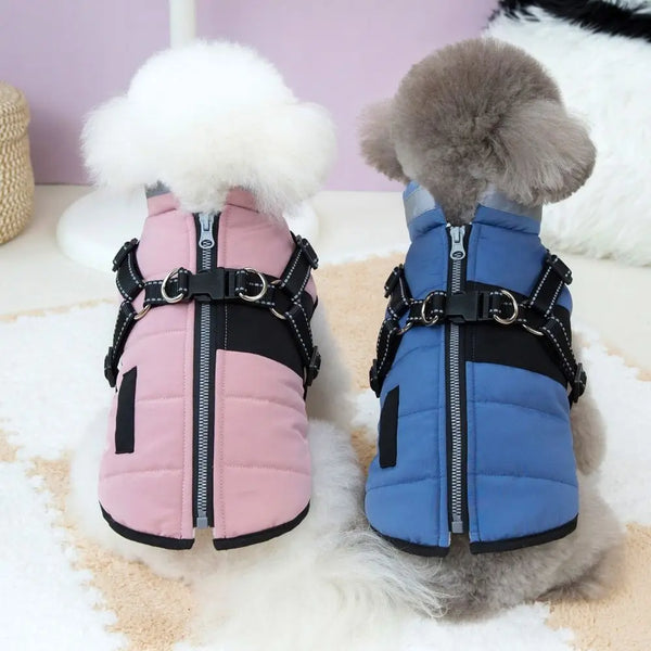 Adjustable Dog Warm Jacket Waterproof Warm Windproof Puppy Clothes Zipper with Harness Padded Reflective Dog Coat Cold Weather