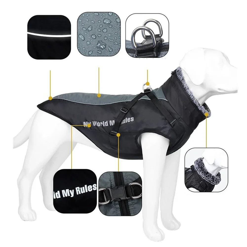 XL-6XL Winter Warm Big Dog Clothes with Fur Collar Thicken Pet Coat Jacket for Medium Large Dogs Labrador Border Collie Clothing