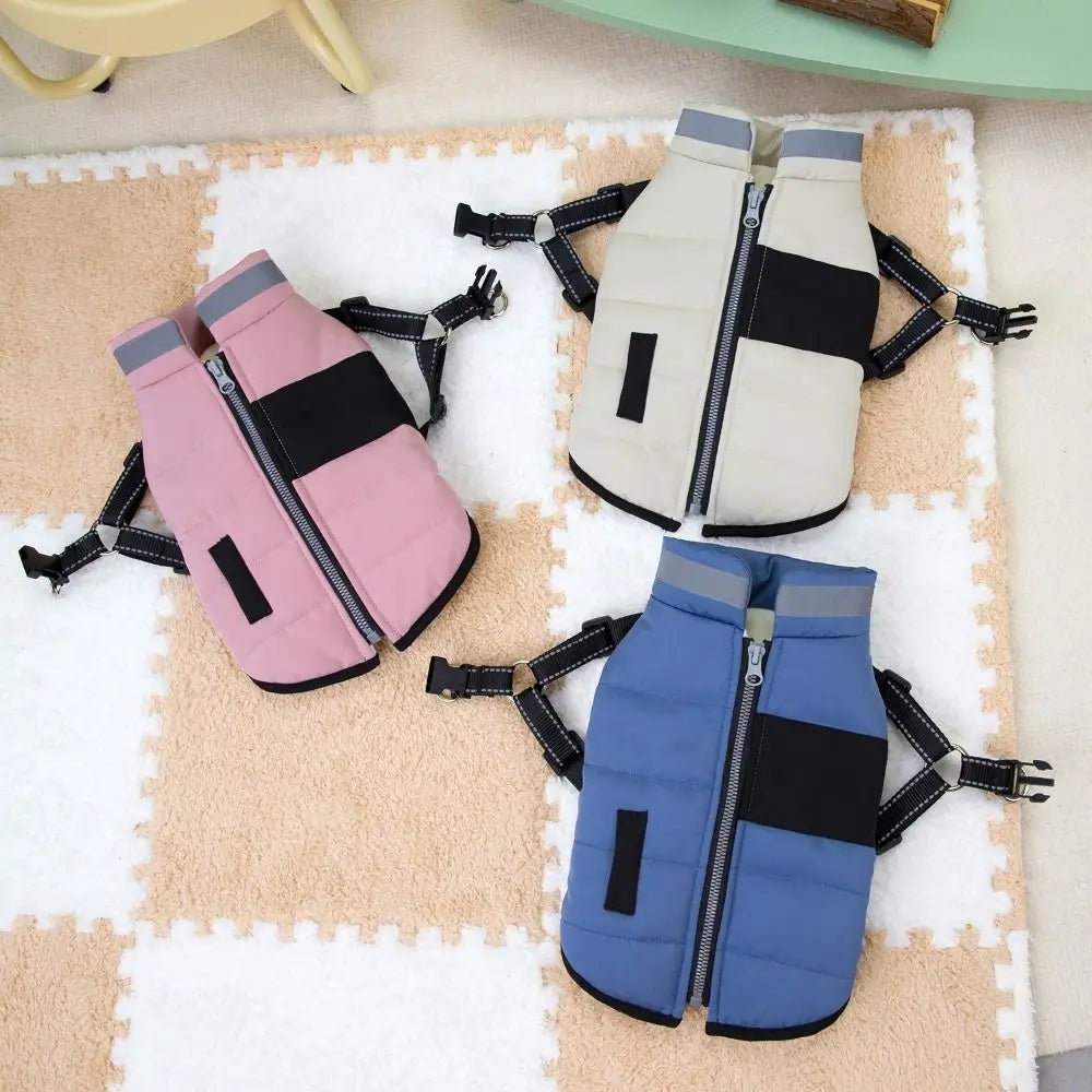 Adjustable Dog Warm Jacket Waterproof Warm Windproof Puppy Clothes Zipper with Harness Padded Reflective Dog Coat Cold Weather