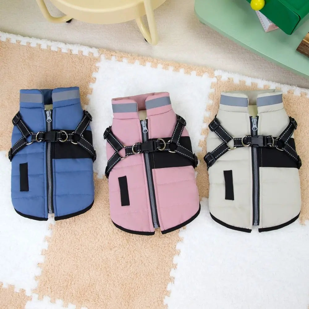 Adjustable Dog Warm Jacket Waterproof Warm Windproof Puppy Clothes Zipper with Harness Padded Reflective Dog Coat Cold Weather
