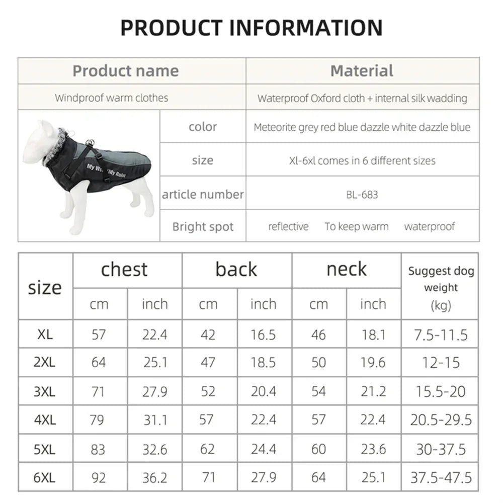 XL-6XL Winter Warm Big Dog Clothes with Fur Collar Thicken Pet Coat Jacket for Medium Large Dogs Labrador Border Collie Clothing