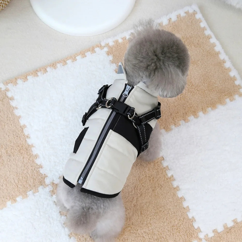 Adjustable Dog Warm Jacket Waterproof Warm Windproof Puppy Clothes Zipper with Harness Padded Reflective Dog Coat Cold Weather