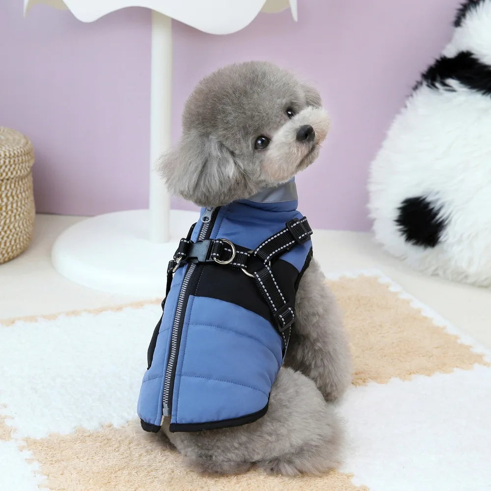 Adjustable Dog Warm Jacket Waterproof Warm Windproof Puppy Clothes Zipper with Harness Padded Reflective Dog Coat Cold Weather