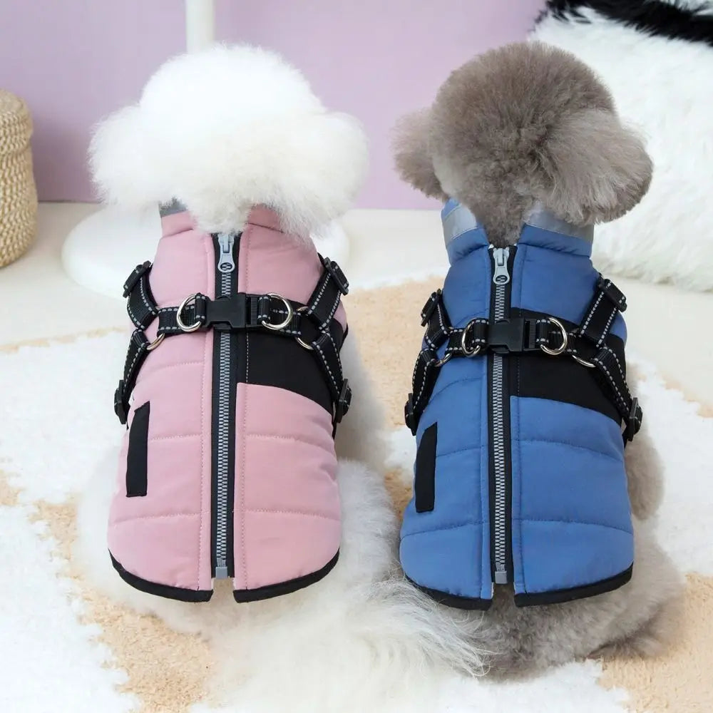 Adjustable Dog Warm Jacket Waterproof Warm Windproof Puppy Clothes Zipper with Harness Padded Reflective Dog Coat Cold Weather