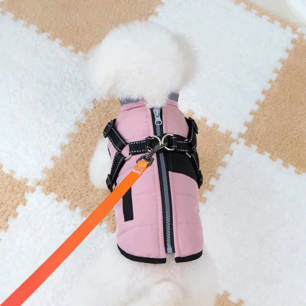 Adjustable Dog Warm Jacket Waterproof Warm Windproof Puppy Clothes Zipper with Harness Padded Reflective Dog Coat Cold Weather